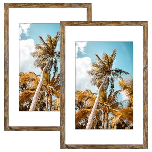 Image of Frametory, 16x24 Picture Frame With Mat for 12x18 Picture - High Definition Glass Wide Molding - Preinstalled Wall Mounting Hardware (Rustic Brown, 2 Pack)