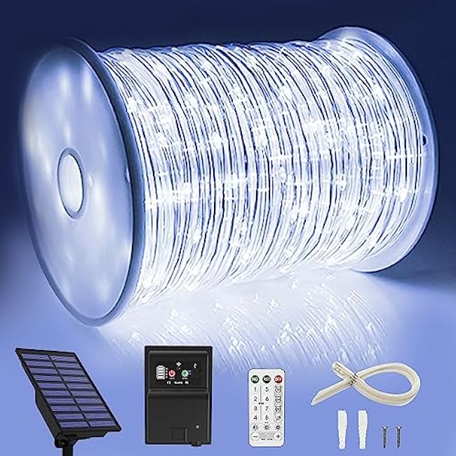 164 FT 1000 LED Rope Lights Solar Powered Waterproof String Lights 8 Modes Outdoor Tube Light Copper Wire Fairy Lights for Christmas Garden Fence Yard Party Pool Wedding Decor (1000 LED White)