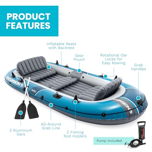 Image of INTEX Excursion 5-Person Inflatable Fishing Boat River Raft Set with Oars