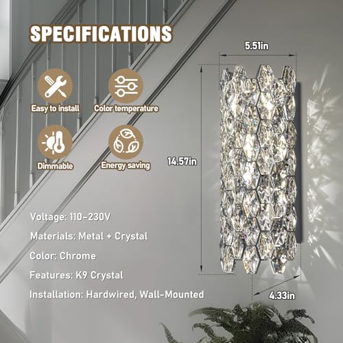 Image of Crystal Wall Sconces,Modern Wall Light Fixtures,Chrome Wall Lamp,Luxury Crystal Wall Sconces for Living Room Bedroom Bathroom Hallway Doorway Stairway Bedside