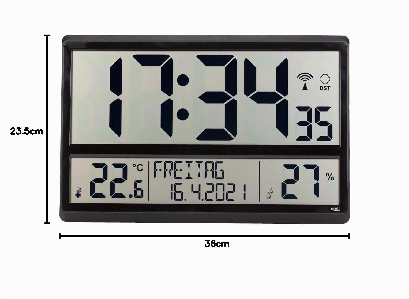 TFA Dostmann 60.4520.01 - Orologio da parete radiocontrollato digitale XL con temperatura interna, data e giorno della settimana (nero con batterie)