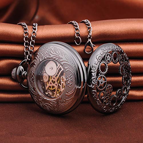 Herren Römische Ziffern Skala Taschenuhr mit Halskette Kette Analog Handaufzug Unisex Retro Steampunk Mechanische Kettenuhr – Bild 6
