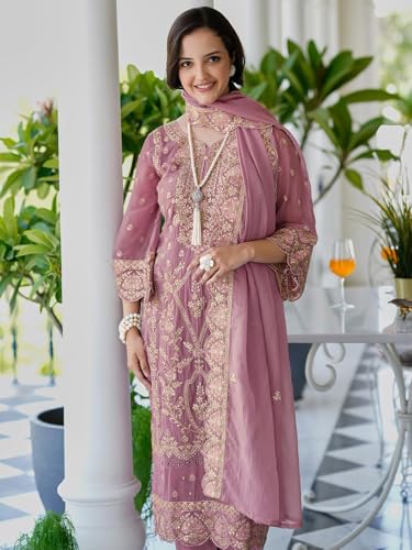 Image of INDO ERA Women's Organza Kurta and Pant with Dupatta Set