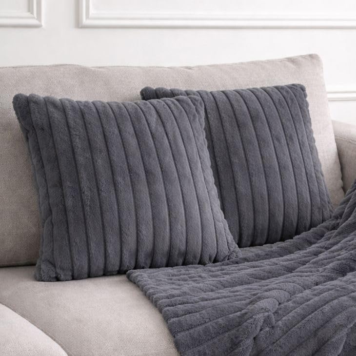 John Aird Set of 2 Ribbed Soft Faux Fur Cushion Cover โ Luxury Plush Decorative Throw Pillow for Sofa, Bed & Living Room (Grey, 45 x 45cm) โ image 1