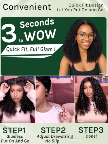 Image of KLAIYI Bye Bye Slip 4C Kinky Curly Glueless Precut 7x5 Lace Front Wigs Human Hair with Curly Edges Drawstring Pre Plucked Bleached Knots Pre Everything 30S Ready to Put On and Go Beginners Wig 16Inch