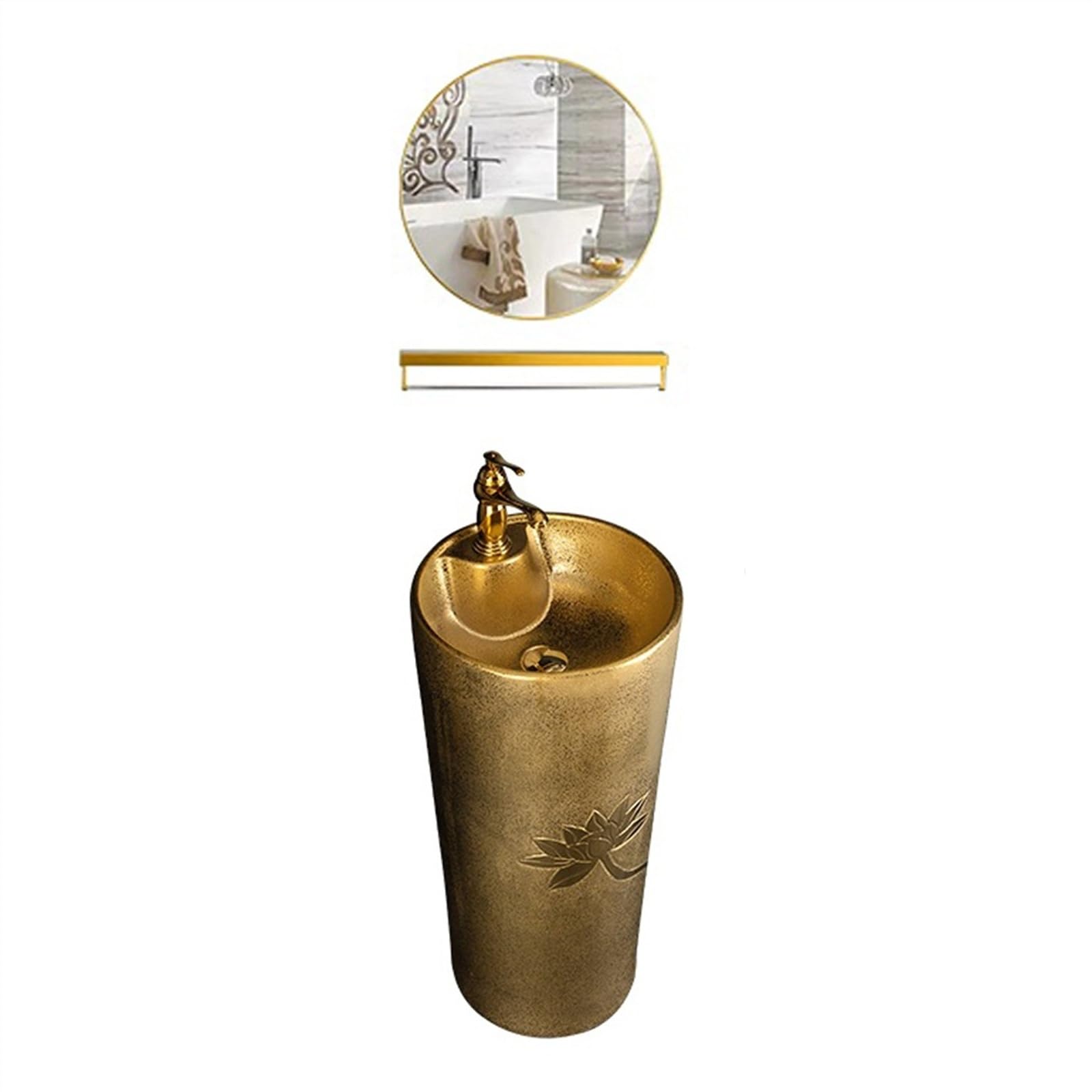 Fregadero dorado con relieve de loto, lavabo de pie galvanizado dorado, fregadero de cerámica de una pieza, talla A, B-One Size