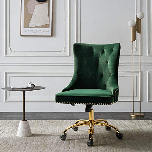 Tina's Home Velvet Armless Office Chair With Gold Base & Nailhead Trim, Modern Tufted Upholstered Desk Chair Swivel Adjustable, Cute Wingback Computer Task Vanity Chair For Women, Green #TOP17