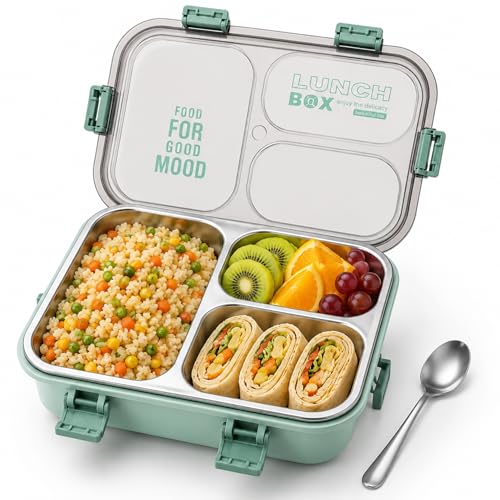 Image of Stainless Steel Lunch Box with 3 Compartments Leak Proof Airtight Lid BPA Free Food Storage Container Durable Portable Bento Tiffin for Kids, School Picnic (3 Green)