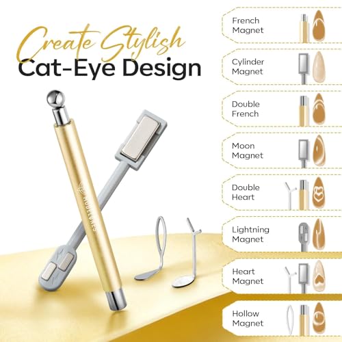 Image of modelones Cat Eye Magnet Set, 5PCS 3-in-1 Dual-Head Nail Magnet Pen with Heart, Lightning & Ball Shapes for Cateye Gel Polish, Side Light Wide Light Glass Glow Effects, DIY Nail Art Tooln