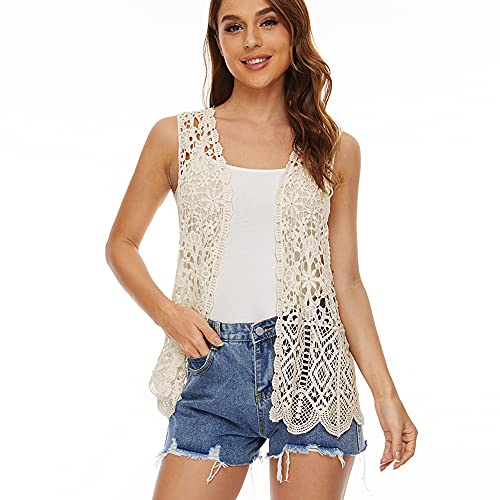 Image of Womens Floral Crochet Lace Boho Trim Sleeveless Open Front Vest Cardigan