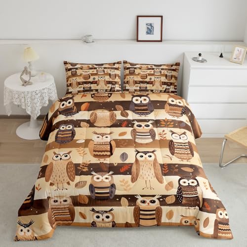 Feelyou Owl Comforter Set Twin Size Kids 3D Animal Printed Stripes Bedding Set for Boys Girls Teens Bird Decor Comforter Breathable Cartoon Owls Design Duvet Set Room Decor Quilt Set