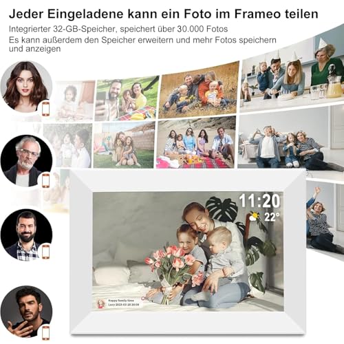 Frameo 10,1 Zoll Digitaler Bilderrahmen, Elektronischer Fotorahmen, WLAN-Digitaler Photo Frame, 32 GB Speicher, 1280x800 IPS-Display, Automatische Drehung, Wandmontierbar, Fotos/Videos teilen(Weiß)