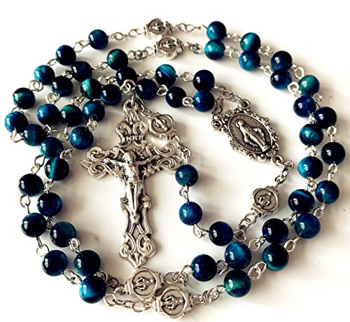 elegantmedical Handmade Blue Tiger Eye Beads Our Lady of Grace Rosary Cross Necklace Catholic Gifts2