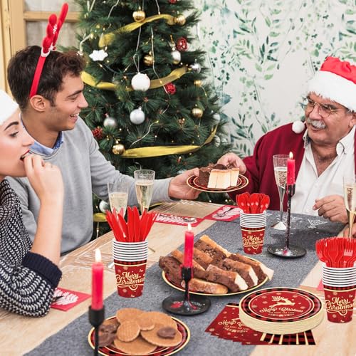 175 Pcs Merry Christmas Party Supplies Set - Serves 25, Festive Red and Black Plaid Disposable Tableware, Includes Paper Plates, Cups, Napkins, Forks, Spoons, Knives for Xmas Holiday Celebrations – Image 7