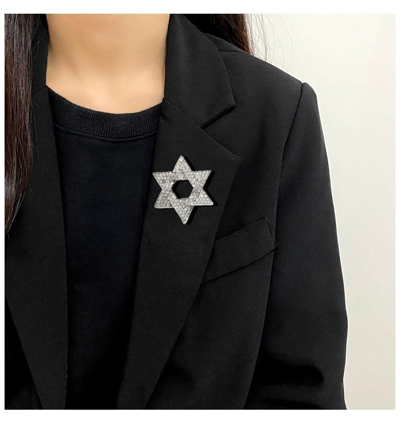 Image of Star of David Brooch Pin Full Crystal Gold /Silver Star Lapel Pin Six Pointed Star Safty Pin Women Men Clothes Decorations