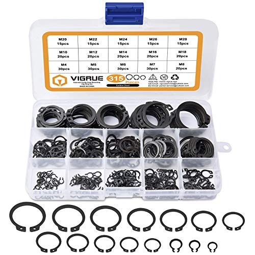VIGRUE 315Pcs Snap Ring Shop Assortment Alloy Steel External Circlip Snap Retaining Clip Rings Set, 15 Sizes Black 315PCS