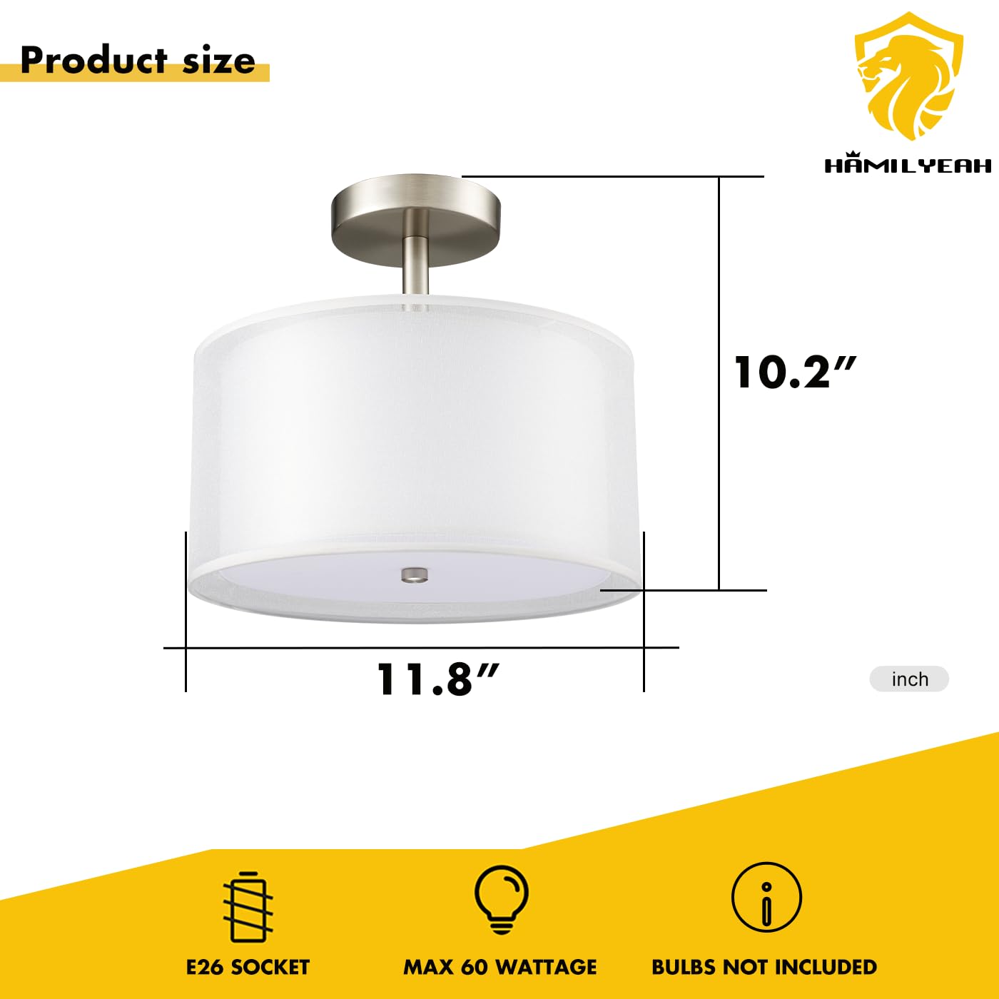 Hamilyeah Semi Flush Mount Ceiling Light with Fabric Shade, Modern Bedroom Ceiling Light Fixture 12 inch, Round Drum Ceiling Light with 2 E26 Bulb for Bathroom, Living Room, Hallway, Kitchen