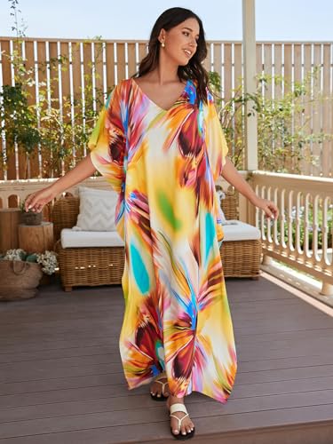 Image of IMAGEKOPE Women's Plus Size Loose Fit Moroccan Print V-Neck Batwing Kaftan Beach Dress Bathing Suit Cover Up