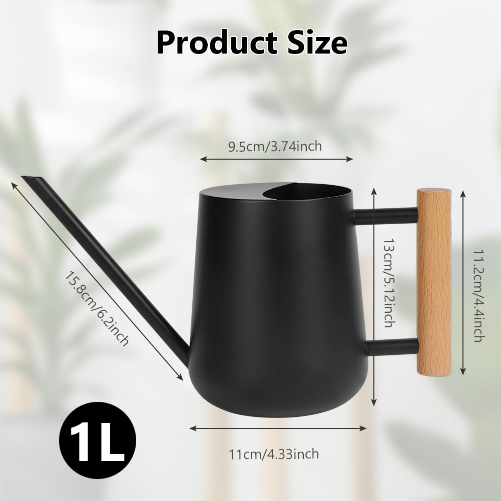 OFFCUP 35oz 1L Regadera Pequeña, Regadera de Acero Inoxidable para Jardín, Regadera con Caño Largo y Cómodo Mango de Madera, Regadera para Plantas, para Vivienda Exteriores Interior (Negro)