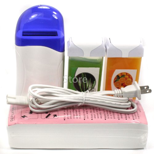4 in 1 Roll on Refillable Depilatory Wax Heater Waxing Hair Removal Skin Care Salon Kit Tools Machine with 100 PCS Paper Strip , Aloe Orange Taste 100g Wax , 110v Us Plug