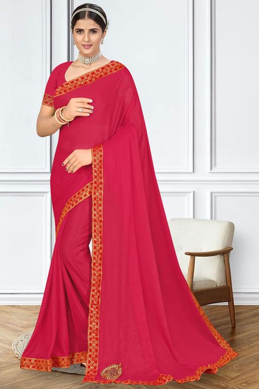 Image of V4M, Women's Fancy Chiffon Dyed Saree With Unstitched Blouse Piece Fancy Look.