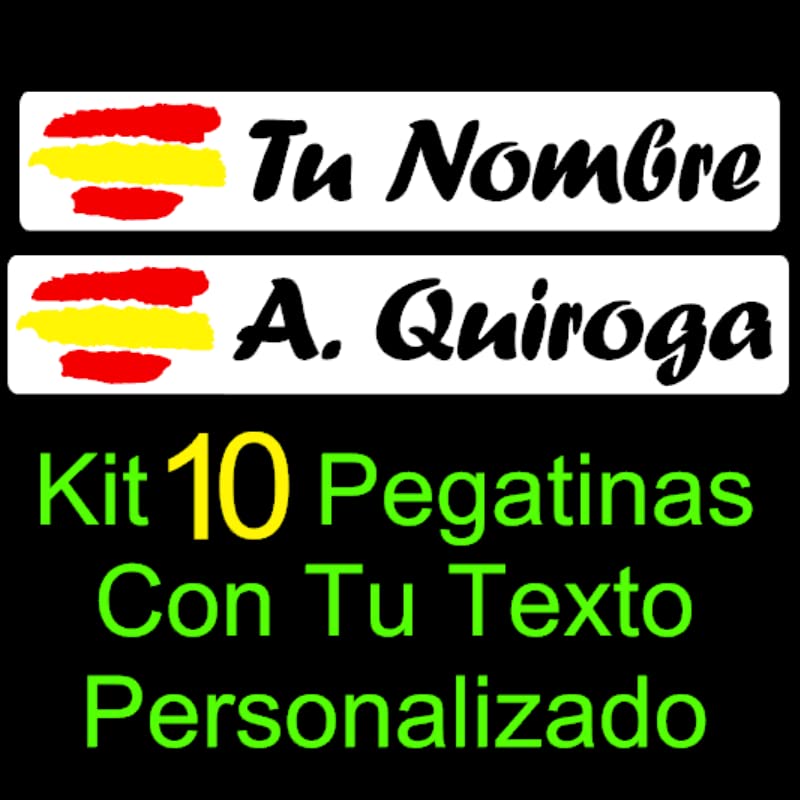 Vinilin - Kit 10 Pegatinas Vinilo Impreso Bandera España + Tu Nombre o Texto Personalizado. Resistentes Al Agua, Al Sol, y a los Arañazos - Laminado UV (Fondo Blanco - Texto Negro)