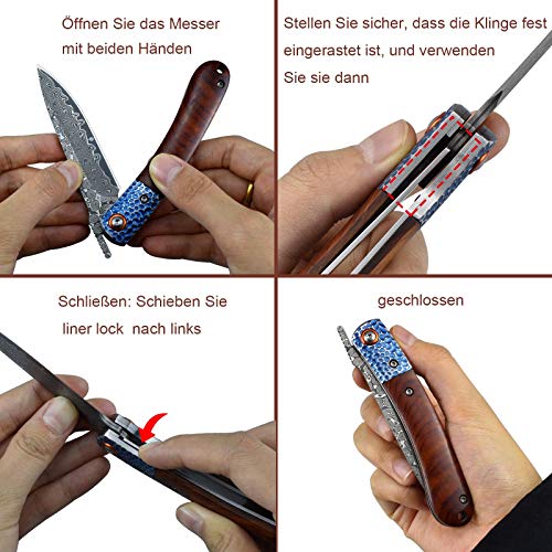 Damast Taschenmesser AUBEY mit Holzgriff und Klappmechanismus
