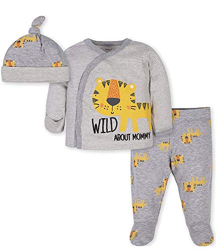 Gerber Baby Boys' 3-Piece Bodysuit, Pant and Cap Set, Grey Tiger, Preemie