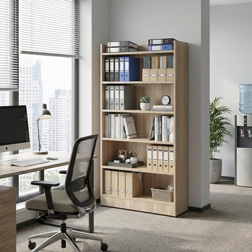 Image of Apex 5-Tier Bookshelf & Display Rack, Modern Open Storage Organizer for Living Room, Office & Library, 62.5x23.5x130cm (Light Oak)