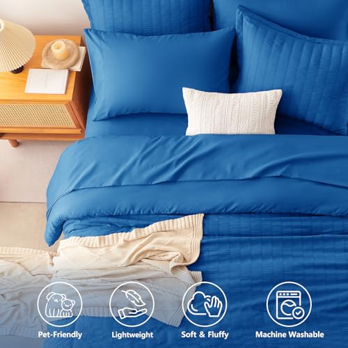 Image of CozyLux Full Size Comforter Sets Classic Blue, 7 Pieces Seersucker Textured Luxury Bed in a Bag, All-Season Bedding Sets with Down Alternative Comforter, Sheets, Pillowcases & Shams, Bedroom Bed Set