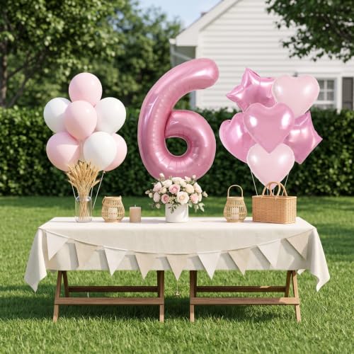 Image of TONIFUL 6th Birthday Balloons Kit 40 Inch Pink Large Number 6 Foil Balloon | with 18 Inch Helium Foil Star Shaped Balloons for Girls Women Birthday Anniversary Graduation New Year Eve Party Decoration
