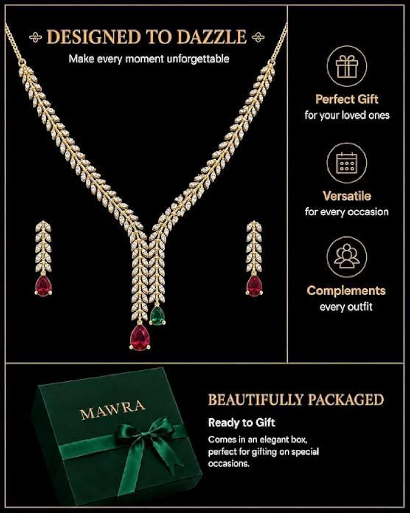 Gold-Toned CZ Necklace Earring Set with Ruby Emerald Drops