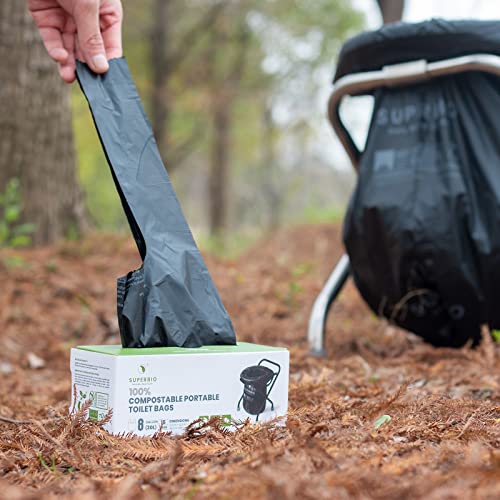 Superbio 8 Gallon Compostable Handle Tie Portable Toilet Bags For Travel, Camping And Outdoor Getaways. 15 Count, Opaque, Leak-Proof Odorless Porta Potty Liners Certified By Bpi And Ok Compost #TOP7