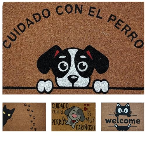 koko doormats Felpudo Entrada Casa Original de Coco Natural “Cuidado con el Perro” | Alfombra de Entrada Antideslizante para Exterior e Interior | 60x40 cm | Diseño Divertido | Base PVC Segura