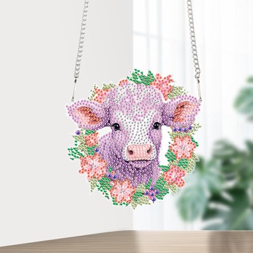 Image of Cow in Floral Wreath Diamond Painting Hanging Kit, DIY 5D Acrylic Rhinestones Diamond Art Pendant, Animal Diamond Art Ornament for Wall, Window, Door, or Home Decoration, Handmade Gift for Adults