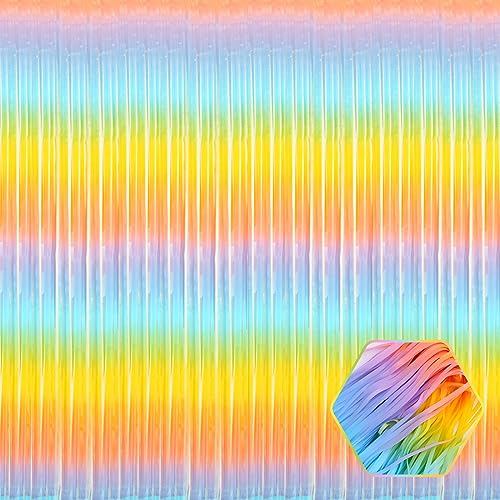 Image of 6 Pack Light Raainbow Foil Fringe Curtain Backdrop, 3.28Ft x 8.2Ft Metallic Tinsel Foil Fringe Streamer Curtains for Photo Booth, Christmas Day, Thanksgiving, Wedding, New Year Party Decorations