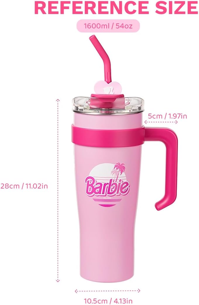 MINISO Barbie Tumbler with Handle and Straw 54 oz | Cup Holder Compatible for Travel | Insulated Stainless Steel Cup | BPA-Free | Thermos for Girls Women and Barbie Fan-Pink - Image 2
