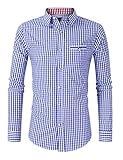 GloryStar Men's Button Down Dress Shirts Slim Fit Plaid Shirt for German Bavarian Oktoberfest and Lederhosen(Deep Blue,L)