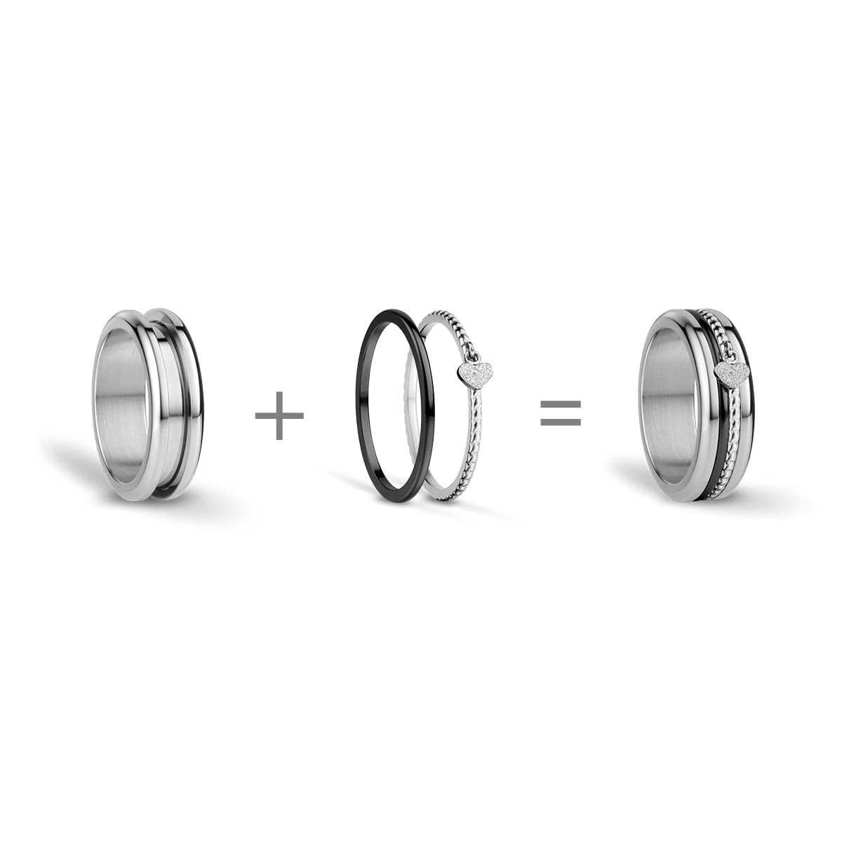BERING Austauschbar Ringkombination für Damen in Silber & Schwarz mit einzigartigem Twist- & Change System, Rhine