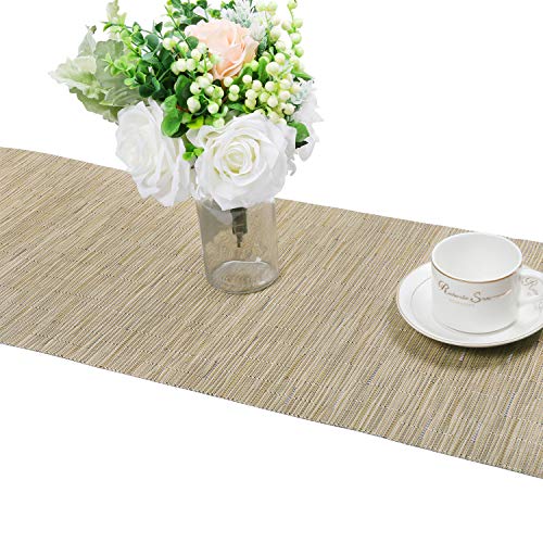 Shacos Woven Vinyl Table Runner Indoor Outdoor 12X54 Inch Kitchen Dining Table Runners Wipe Clean Washable Pvc Table Runner, Bamboo Tan #TOP2