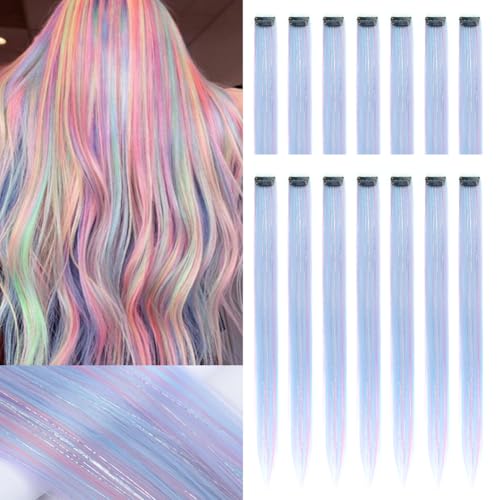 14Pcs Rainbow Hair Tinsel Sparkle Clip in Hair Extensions for Party