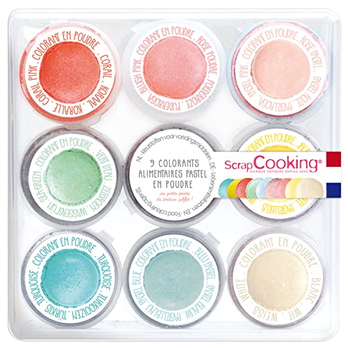 ScrapCooking - 9 Colorants Alimentaires en Poudre Pastel en Poudre - Bleu, Jaune, Corail, Rose, Turquoise, Vert Citron, Blanc, Vert, Rose Poudré - Cake Design...