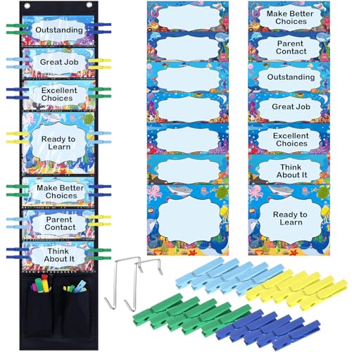 Eersida 57 Pcs Student Behavior Clip Chart for Classroom Behavior Management Track Reward Pocket Chart Hanging Bulletin Board Teacher Supplies for School Office Preschool Homeschool(Ocean)