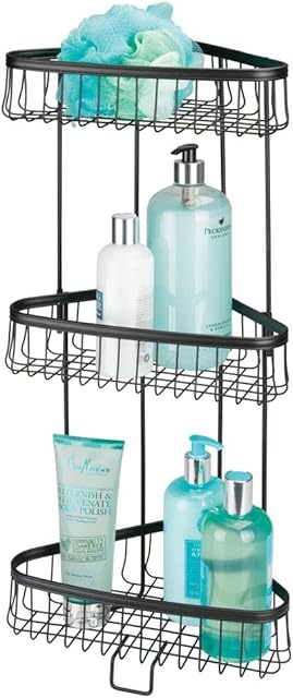 mDesign Corner Shower Stand - Practical Bathroom Trays with 3 Levels for Shampoos, Shower Gels, Towels and More - Freestanding Shower Baskets - Matte Black