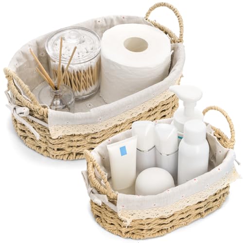 Coloch 2 Pack Wicker Storage Baskets with Liner, Paper Rope Woven Basket with Handle Small Decorative Basket for Shelf Countertop Organizer Baskets for Vanity, Toiletries, Decor