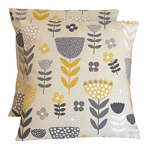 CUSHIONS2U 2 x 16 (40cm x 40cm) Fryetts Annika Ochre Yellow Grey Cream Cotton Cushion Covers Cover
