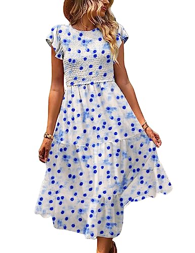 Image of YESNO Women Summer Dresses Ruffle Cap Sleeve Casual Dress Boho Smocked Bodice Maxi Dress with Pockets E05