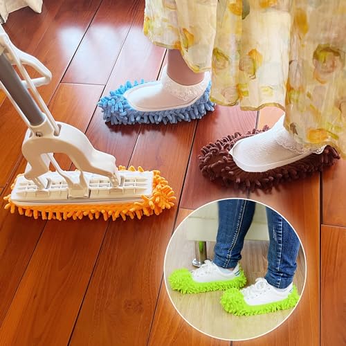 8 Stück Wischmopp Hausschuhe Bodenreinigung, Putzschuhe Damen Waschbare, Mop Schuhe Bodenwischer Hausschuhe für Küche und Badezimmer