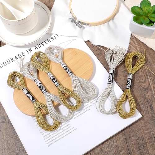 Image of Metallic Embroidery Floss, 6 Skeins Glitter Silver & Gold Embroidery-Thread Set, Embroidery Floss Set, Gold Thread for Crafts, Polyester Sewing Embroidery-Floss Cross Stitch Thread Bracelets Threads
