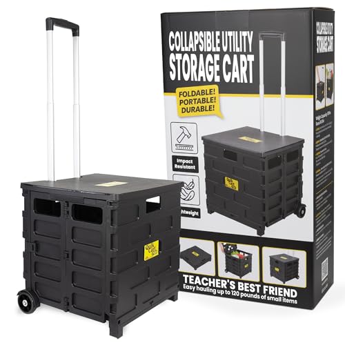 Image of dbest products Quik Cart Pro Wheeled Rolling Crate Teacher Utility with seat Heavy Duty Collapsible Basket with Handle, Aluminum, Black